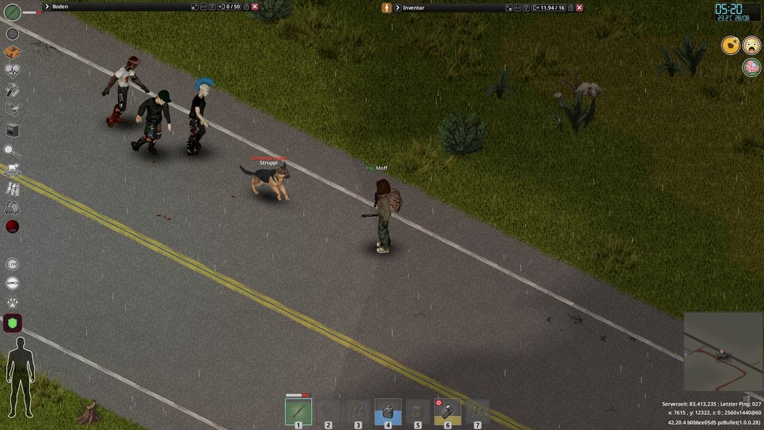 Landstraße im Regen: eine Spielfigur mit Schäferhund, von links kommen drei Zombies näher.