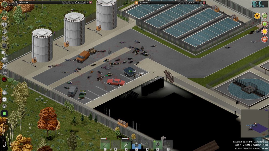 Ansicht von oben auf ein Wasserwerk: Tanks, Klärbecken und ein Parkplatz, auf dem zwischen den Autos gefallene Zombies liegen.
